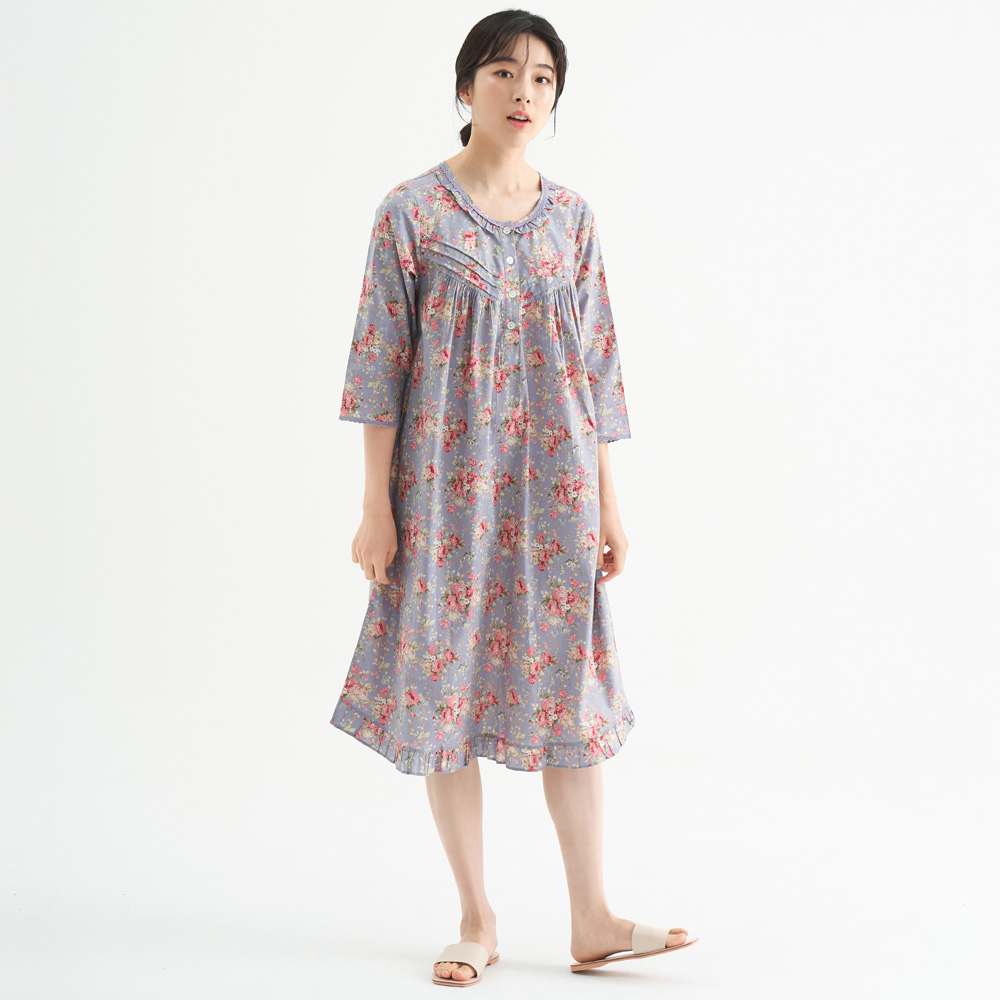 연보라장미 여성 순면 7부 원피스 잠옷 봄 가을 홈웨어 파자마 - 상세 이미지 3