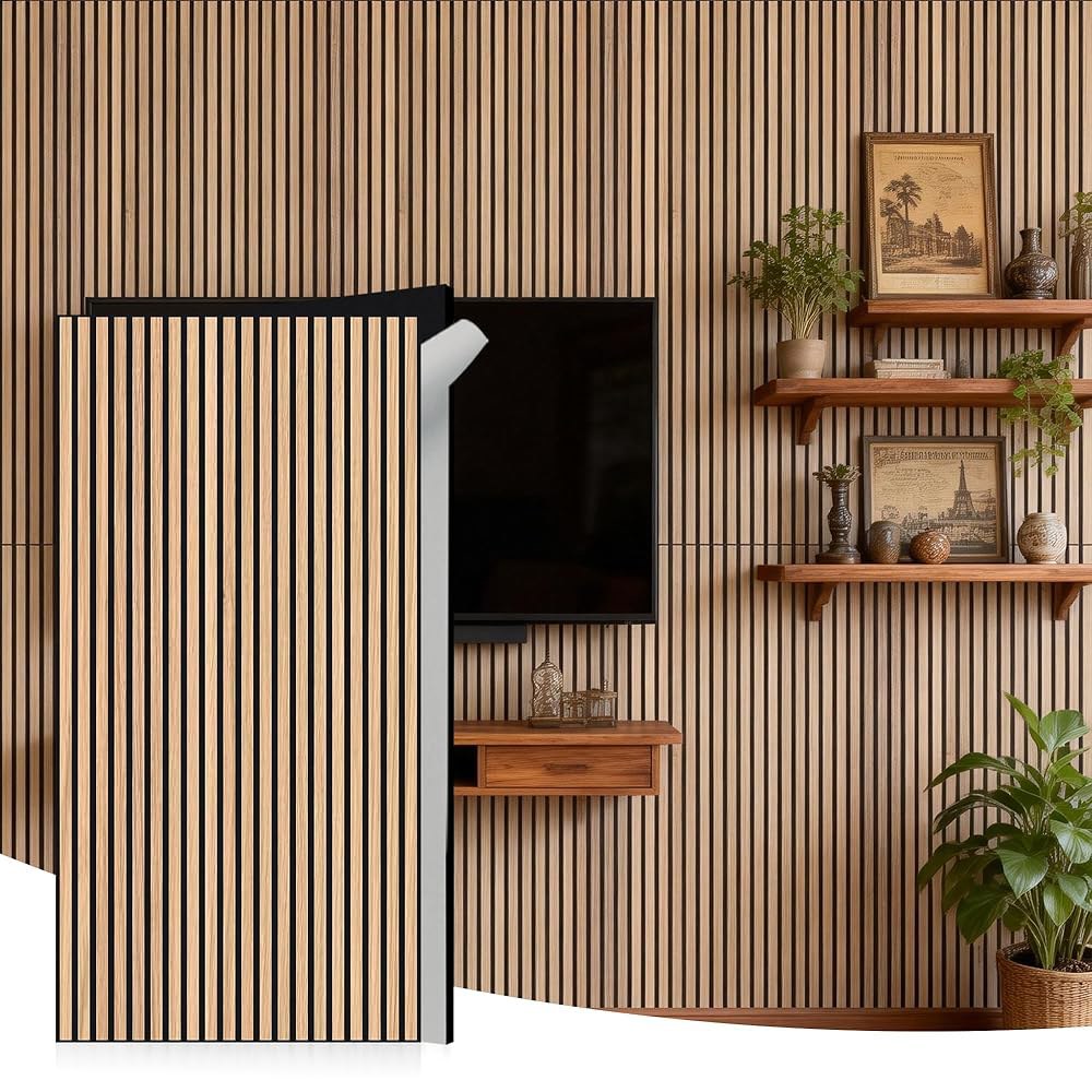 WoveN SoundD 슬랫 Acoussitc 벽 패널 47.2x23.6인치, 목재 베니어, 방음 장식, 홈, 스튜디오, 오피스 및 포커스 존을 위한 자가 접착식 플룻 디자인, - 상품 이미지
