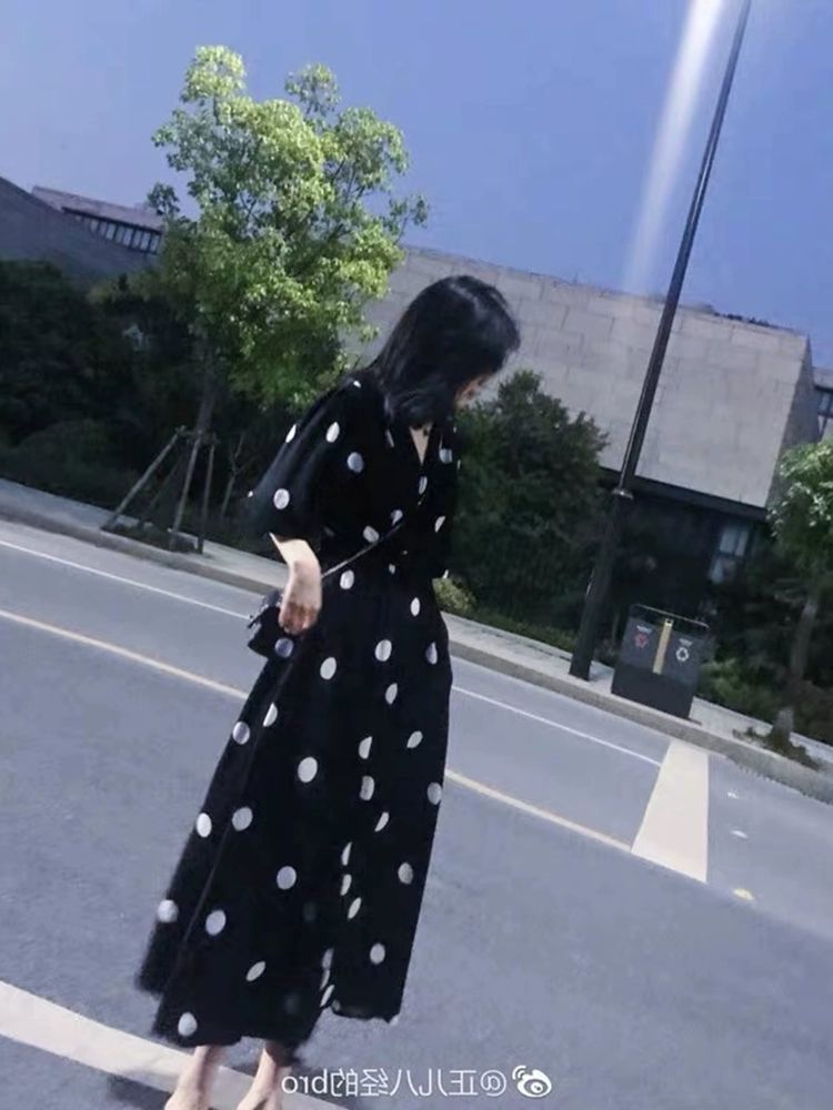 여름 땡땡이원피스 쉬폰 블랙 드레스 도트원피스 봄 여성 빈티지 정장 스퀘어넥 - 상세 이미지 2