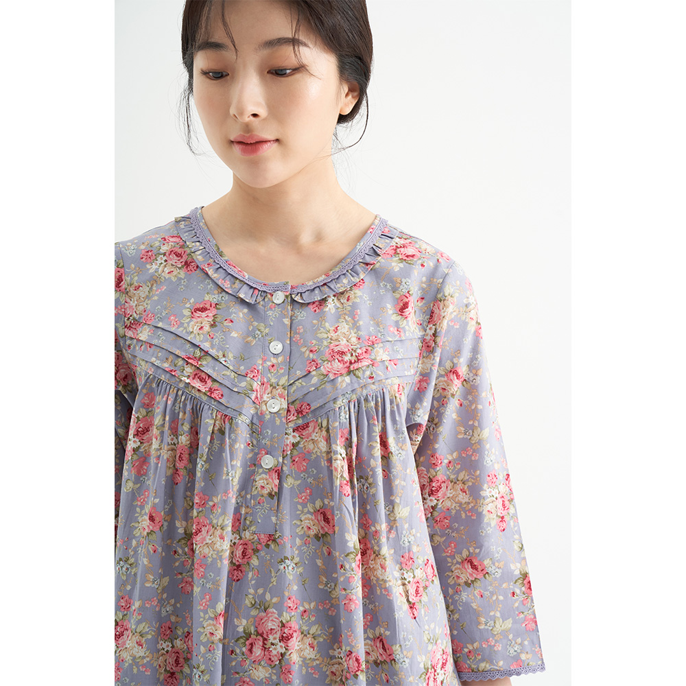 연보라장미 여성 순면 7부 원피스 잠옷 봄 가을 홈웨어 파자마 이미지 7