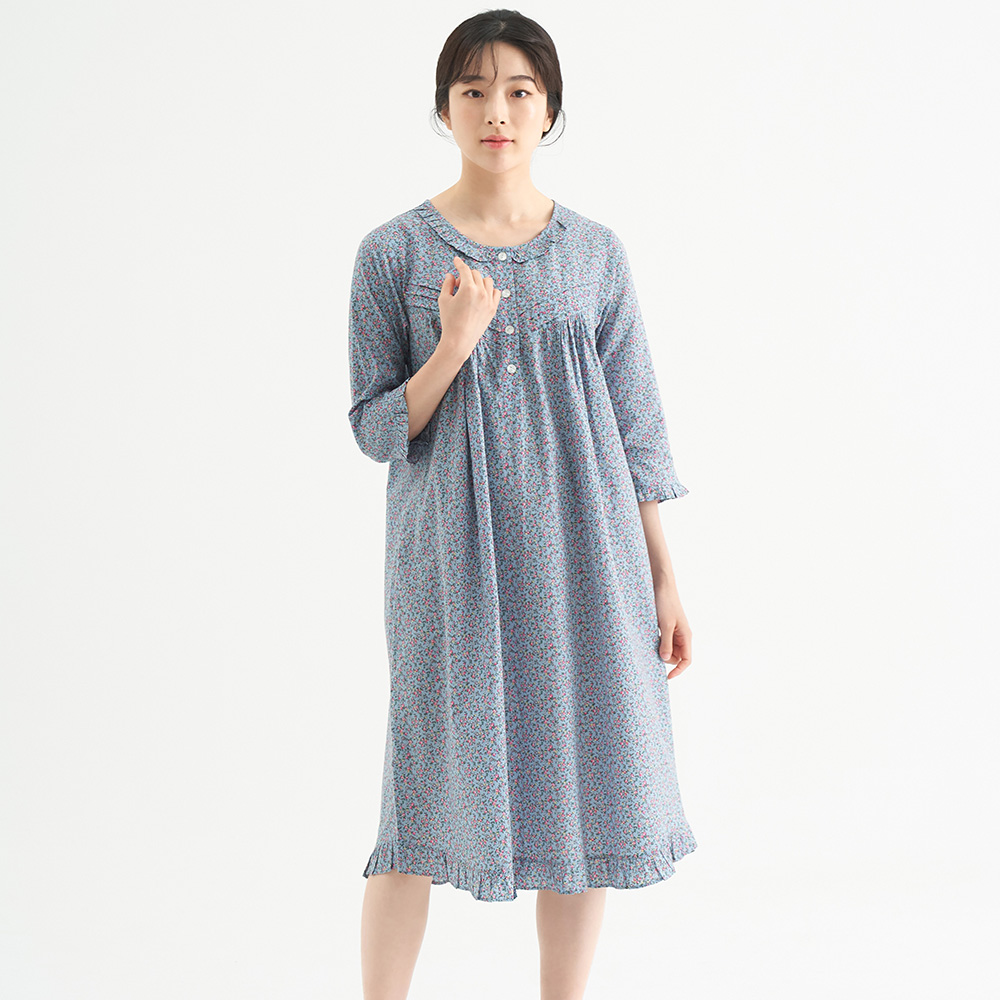 블루잔꽃 여성 순면 7부 원피스 잠옷 봄 가을 홈웨어 파자마 - 상품 이미지
