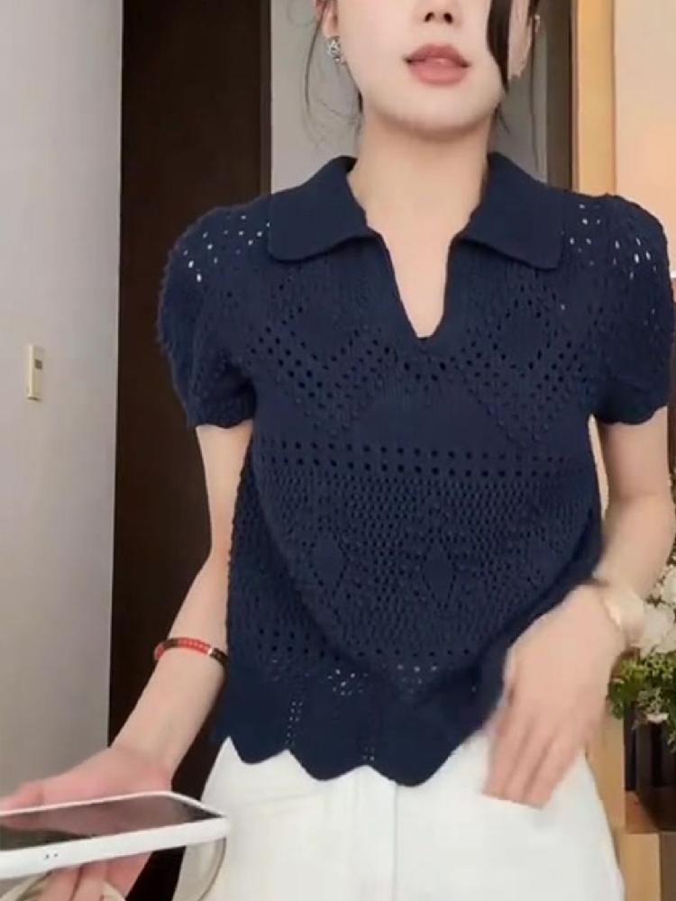 긴팔 시스루 셔링 반팔 티셔츠 구멍송송 루즈핏 퍼프 블라우스 중년 여름 여성 남방 레이스 - 상세 이미지 4