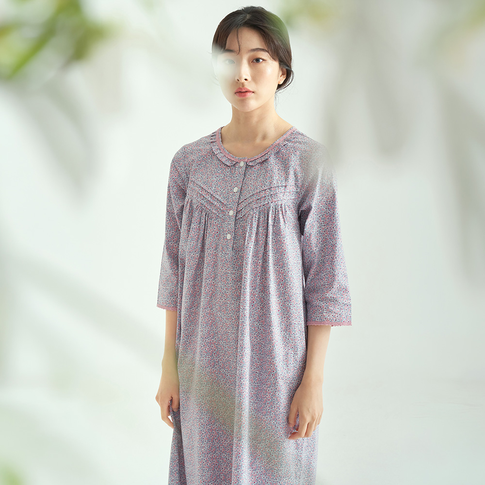 핑크블러썸 여성 순면 7부 원피스 잠옷 봄 가을 홈웨어 파자마 - 상품 이미지