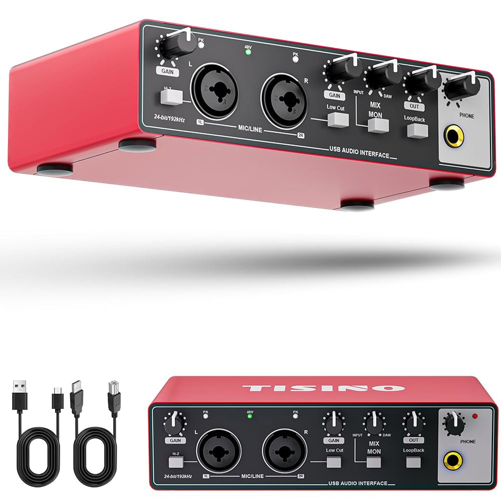 TISINO 오디오 인터페이스 24비트 / 192kHz, 녹음, 작곡, 스트리밍 및 팟캐스트를 위한 USB 인터페이스, 48V 팬텀 파워를 갖춘 플러그 앤 플레이 스튜디오 PC - 상품 이미지