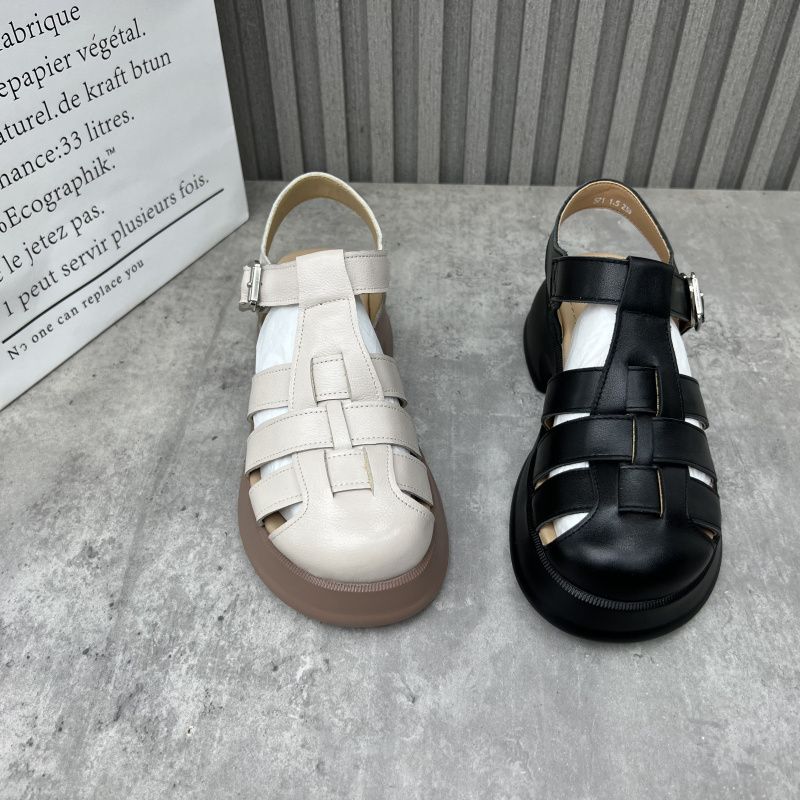 앞막힌샌들 데일리 메리제인 가죽 통굽 키높이 피셔맨 발편한 스트랩 웨지 여성 웨지힐 슬리퍼 블랙 35 - 상세 이미지 3
