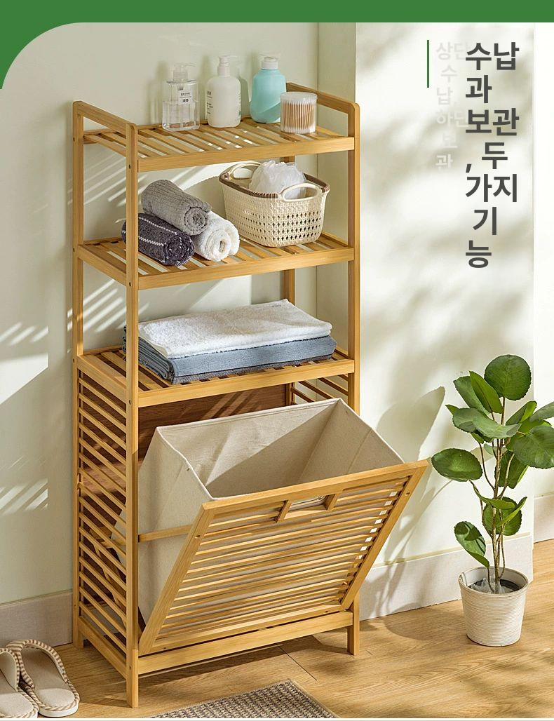 대나무 선반 라탄 세탁물 바구니 슬라이딩 덤프 빨래 빨래통 수납장 햄퍼 다용도 세탁바구니 - 상세 이미지 2