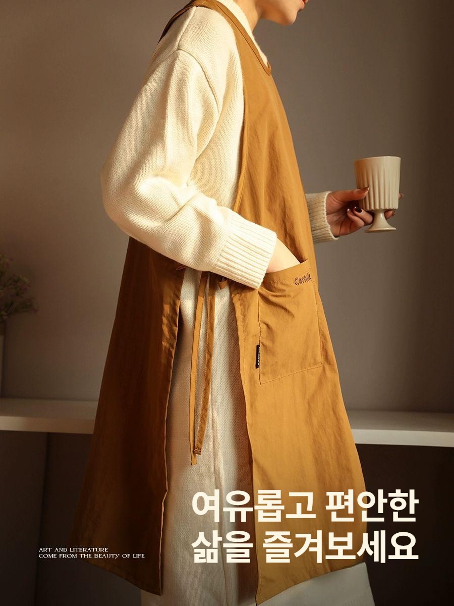 일본식 방수 앞치마 주방 긴소매 가정용 방수앞치마 카페 방지 에이프런 가죽 미용 긴 허리 - 상세 이미지 2