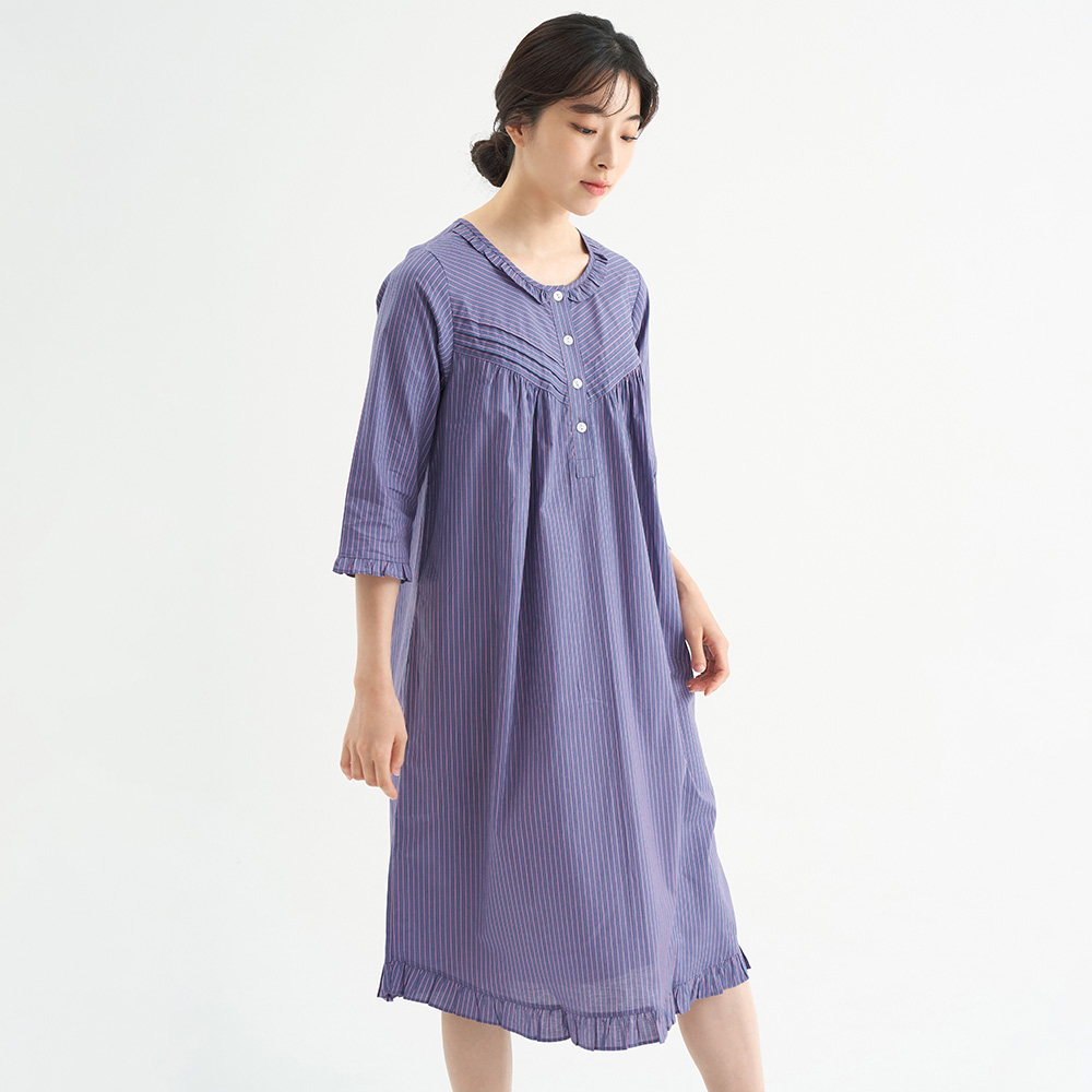 진퍼플ST 여성 순면 7부 원피스 잠옷 봄 가을 홈웨어 파자마 - 상품 이미지
