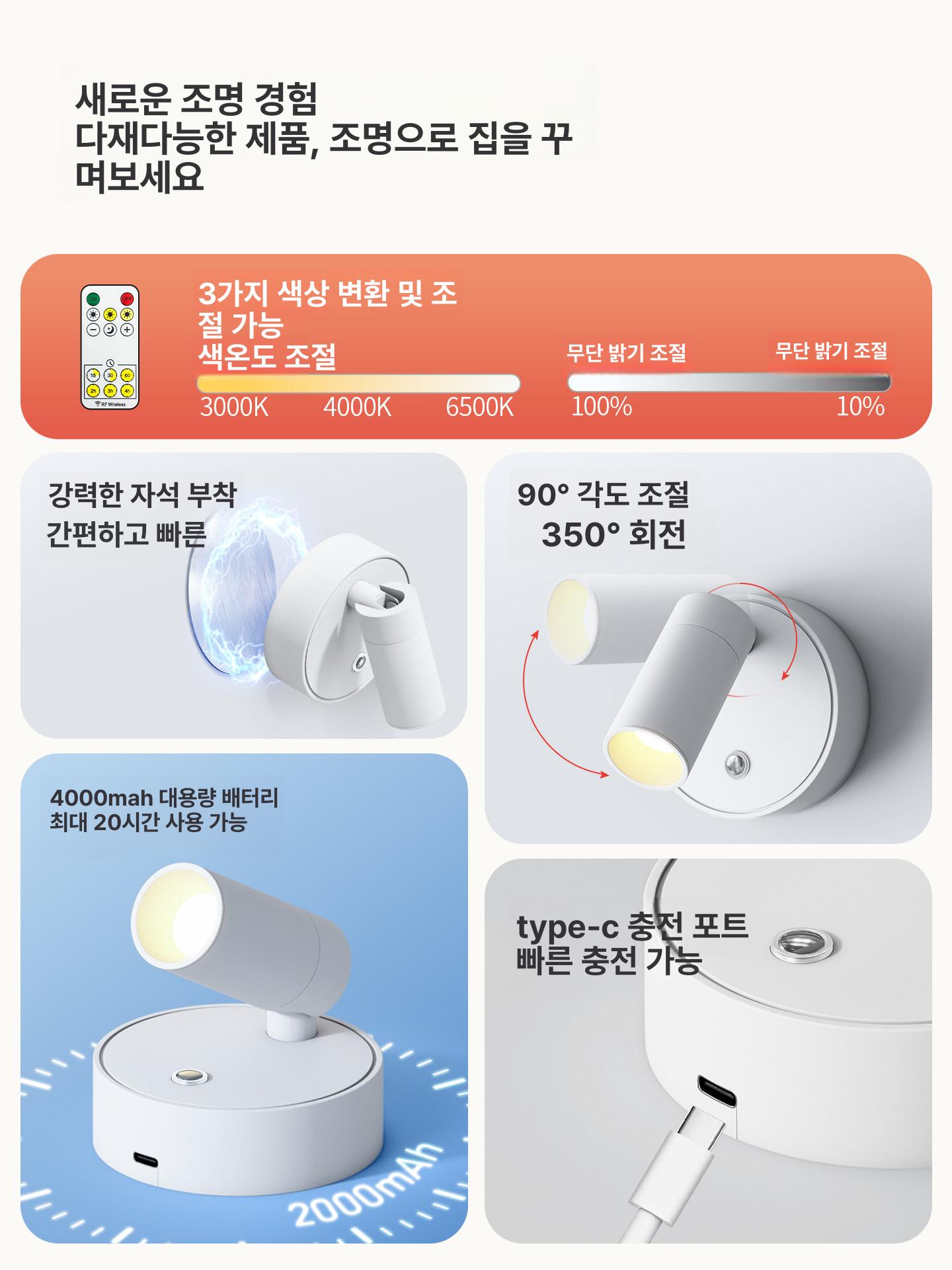 무선 조명 액자등 자석 실내 무타공 벽등 침대 충전형 독서등 - 상세 이미지 3
