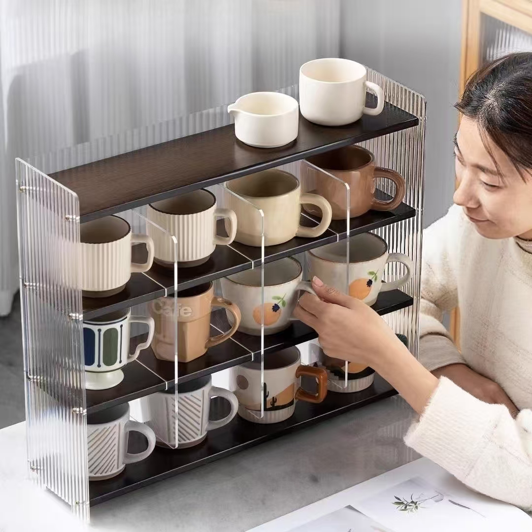 주방 컵정리 선반 아크릴 수납장 슬라이딩 서랍식 머그컵 보관함 철제 접시 정리함 - 상세 이미지 5