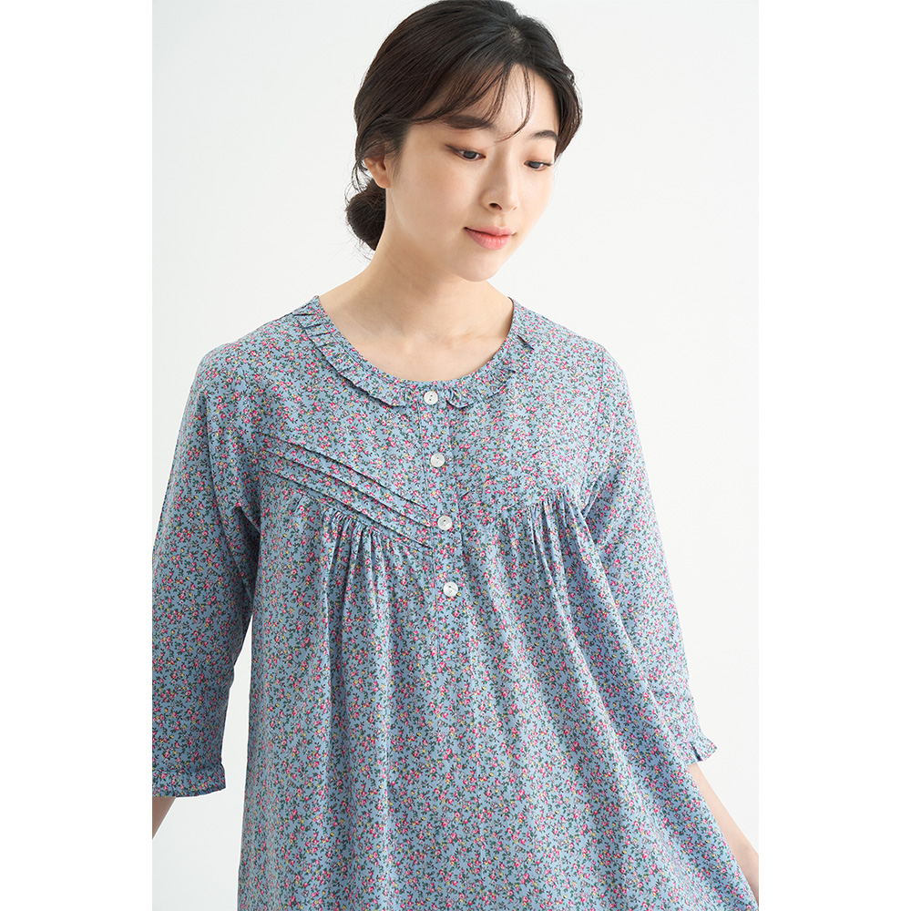 블루잔꽃 여성 순면 7부 원피스 잠옷 봄 가을 홈웨어 파자마 이미지 6