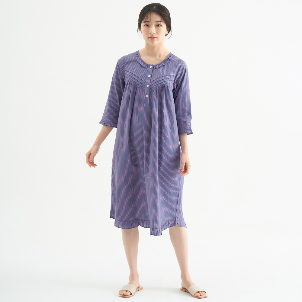 진퍼플ST 여성 순면 7부 원피스 잠옷 봄 가을 홈웨어 파자마 - 상세 이미지 3