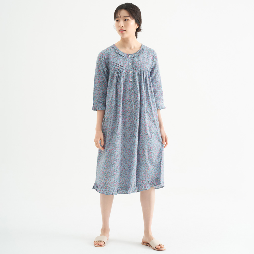 블루잔꽃 여성 순면 7부 원피스 잠옷 봄 가을 홈웨어 파자마 - 상세 이미지 3