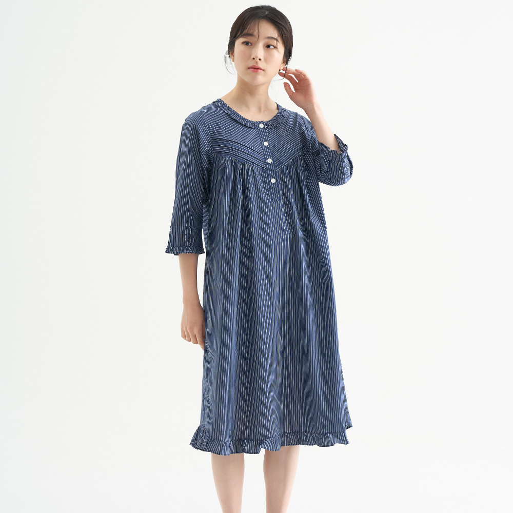 네이비ST 여성 순면 7부 원피스 잠옷 봄 가을 홈웨어 파자마 - 상품 이미지