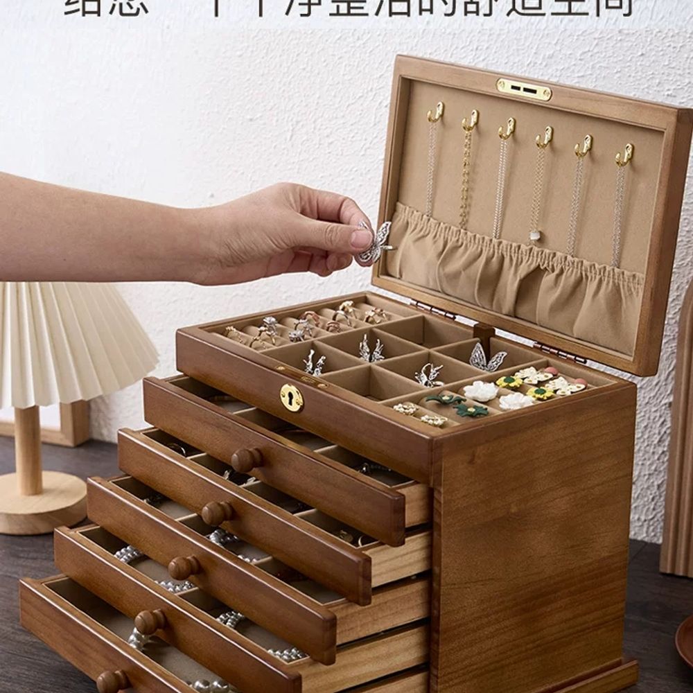 원목 보석함 대형 빈티지 거울 목걸이 수납함 보석상자 악세사리 박스 다층 잠금 고급 - 상품 이미지