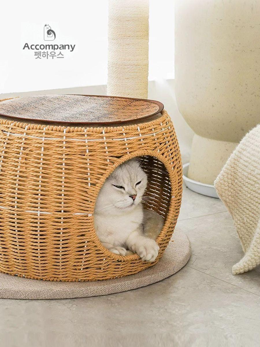 고양이 숨숨집 원목 펠트 펠트쿠션포함 고양이원목숨숨집 실내외 스크래쳐 실외 강아지 텐트 - 상세 이미지 3