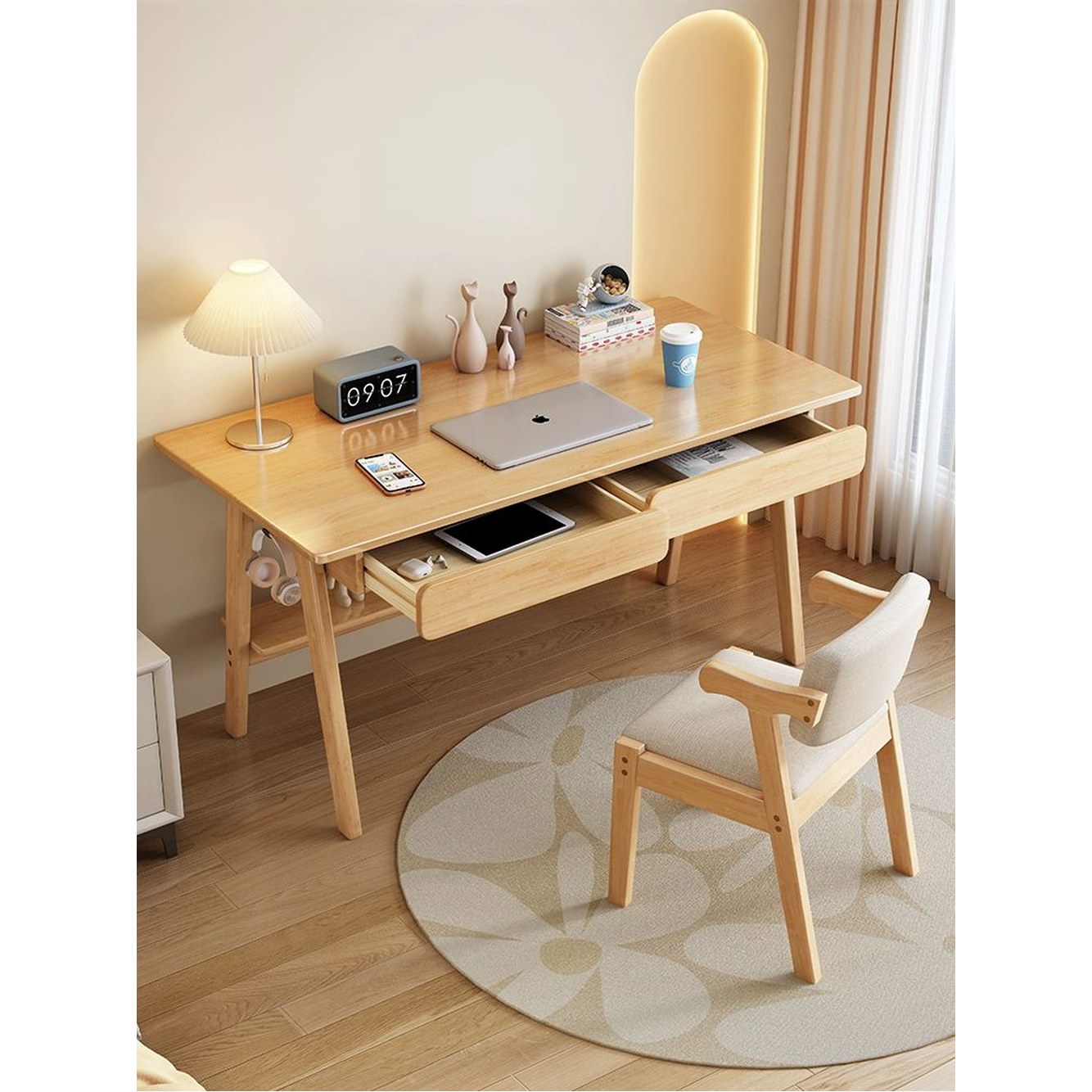 데스크 노트북 원목 책상 서랍 원목색단테이블 높낮이조절 원목 단상 80x55x75cm - 상품 이미지