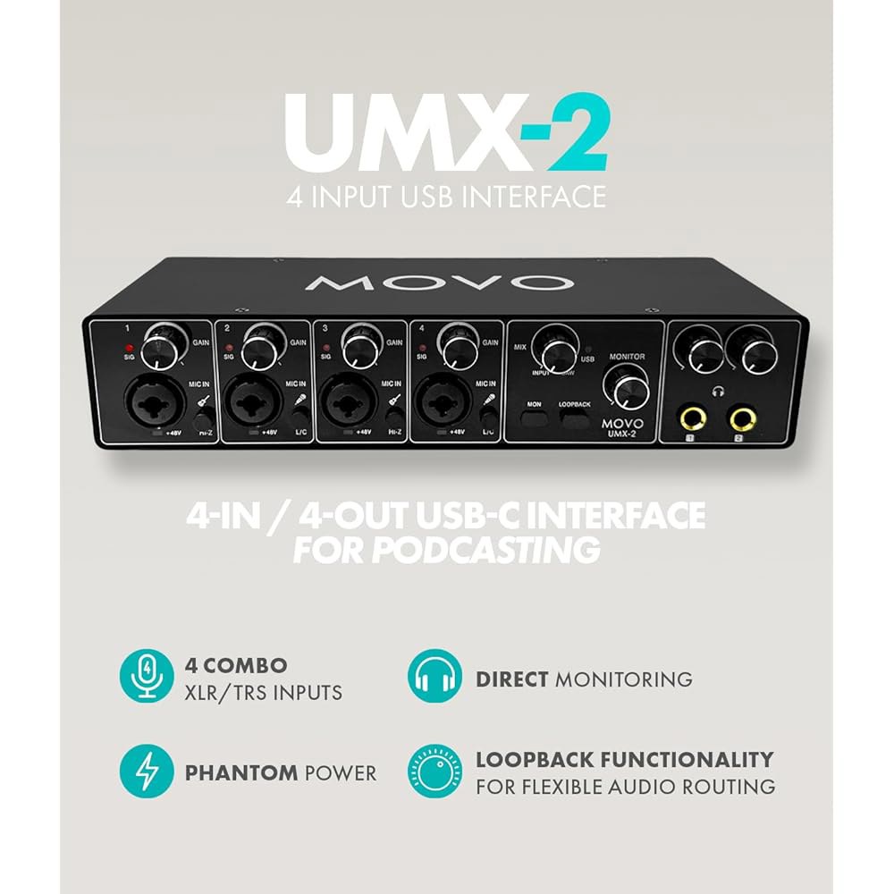 녹음, 팟캐스트, 오디오 프로덕션 u2013 Mac 및 PC를 위한 Movo UMX-2 4채널 USB/USB-C 인터페이스 - 상세 이미지 2