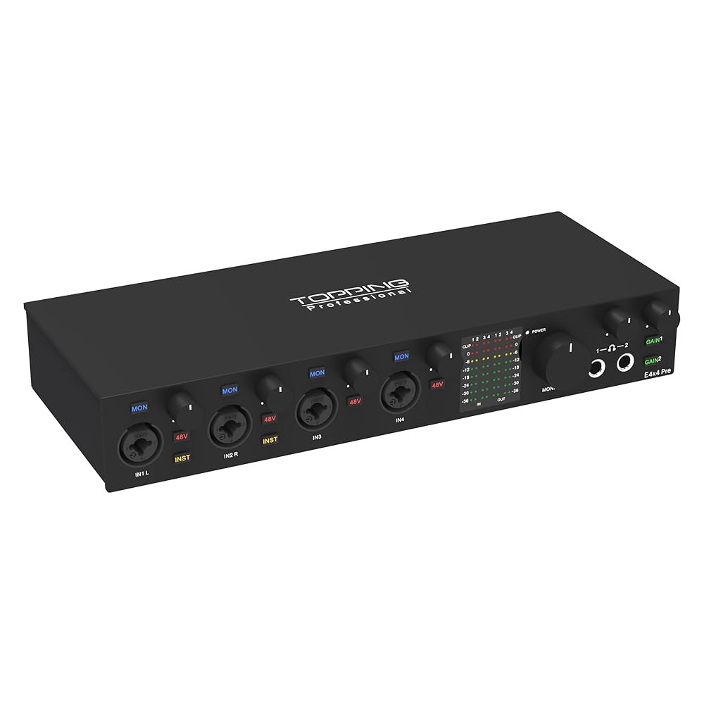 TOPING E4X4 Pre USB 오디오 인터페이스 - 듀얼 USB-C 포트, 24비트 /192kHz, 4IN / 4OUT, 헤드폰 출력, 저소음, 실시간 모니터링, 믹서, PC - 상품 이미지