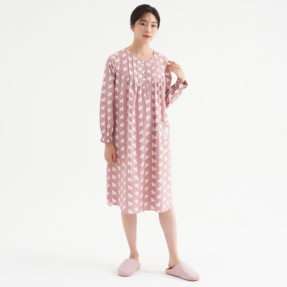 마이펫핑크 여성 순면 긴팔 원피스 잠옷 홈웨어 파자마 - 상세 이미지 3