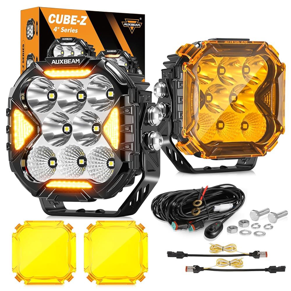 앰버 커버가 있는 Auxbeam 큐브-Z 시리즈 4인치 LED 포드 조명, DRL 턴 시그널이 112W 12800LM 플러드 스팟 콤보 오프로드 주행등, 지프 ATV UTV용 DT - 상품 이미지