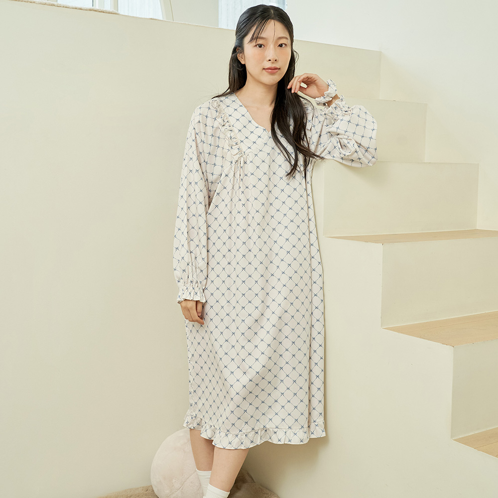 블루리본 여성 모달 면 긴팔 원피스 잠옷 홈웨어 파자마 - 상품 이미지