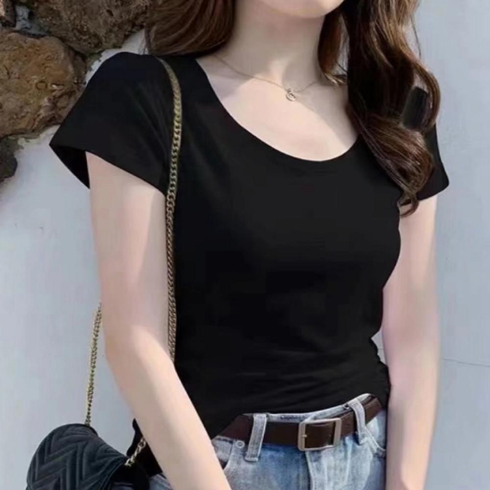 여성 여름 라운드넥 U넥 반팔 티셔츠 슬림핏 기본 무지 이너 면티 이미지 6