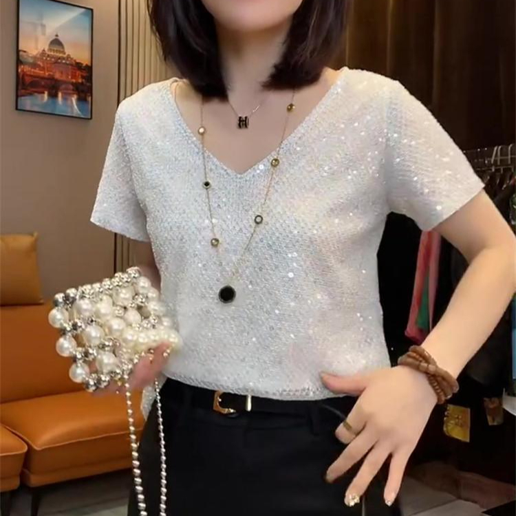 댄스복 상의 반짝이 여성 스포츠 방송 스팽글 라틴 방송댄스 티셔츠 라인댄스복 레이스 - 상세 이미지 5