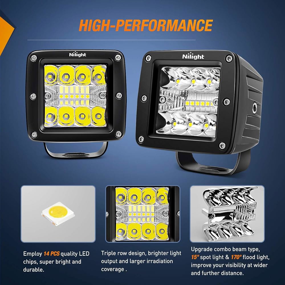 트럭 픽업 골프 카트 SUV ATV UTV 4x4 밴 캠퍼를 위한 Nilight LED 포드 2Pcs 3인치 42W 큐브 스팟 플러드 콤보 사각형 주행 안개 오프로드 작업 조명 - 상세 이미지 3