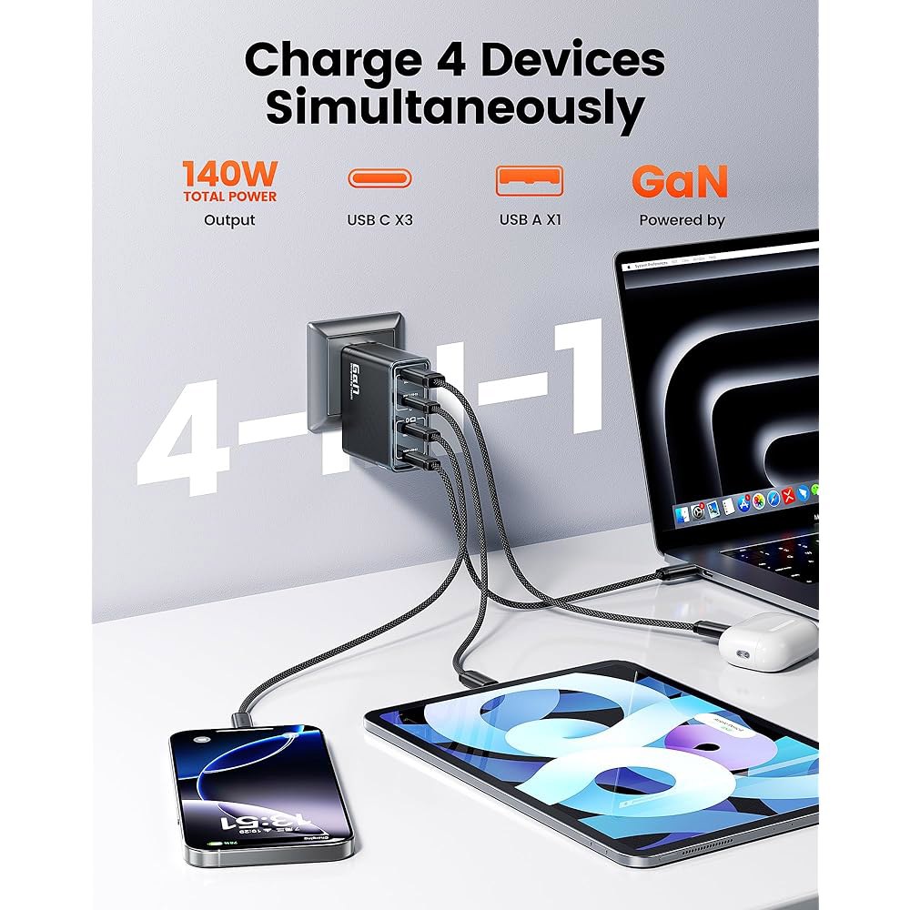 Tooki 140W USB 호환 Google C 4포 충전기 Pro 16 S24 Max, /Ultra, /Air, 삼성제품 블록, Pro, Deck, Steam Pixelbook용 - 상세 이미지 2