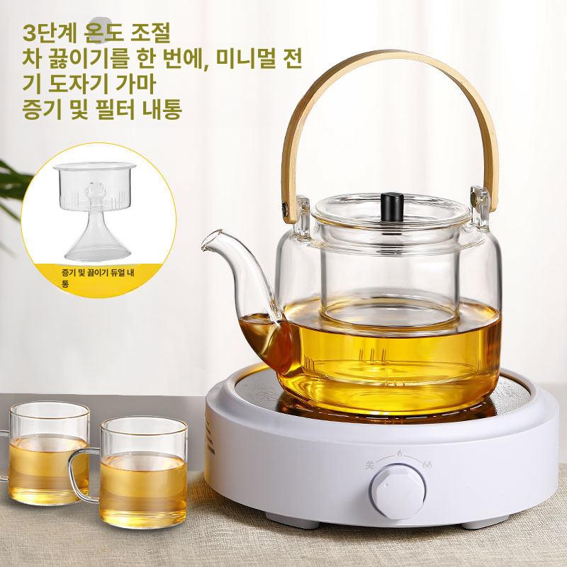 유리 티팟 보온 우드 포트 라이트 내열 티컵 차 워머 원터치 차주전자 세트 플랫 손잡이 - 상세 이미지 3