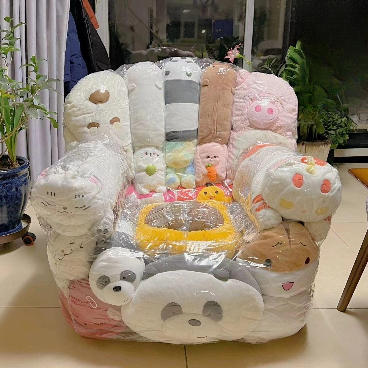 휴대용 투명인형쇼파 빈백소파 투명인형소파 에어 지퍼 투명소파 정리함 - 상품 이미지
