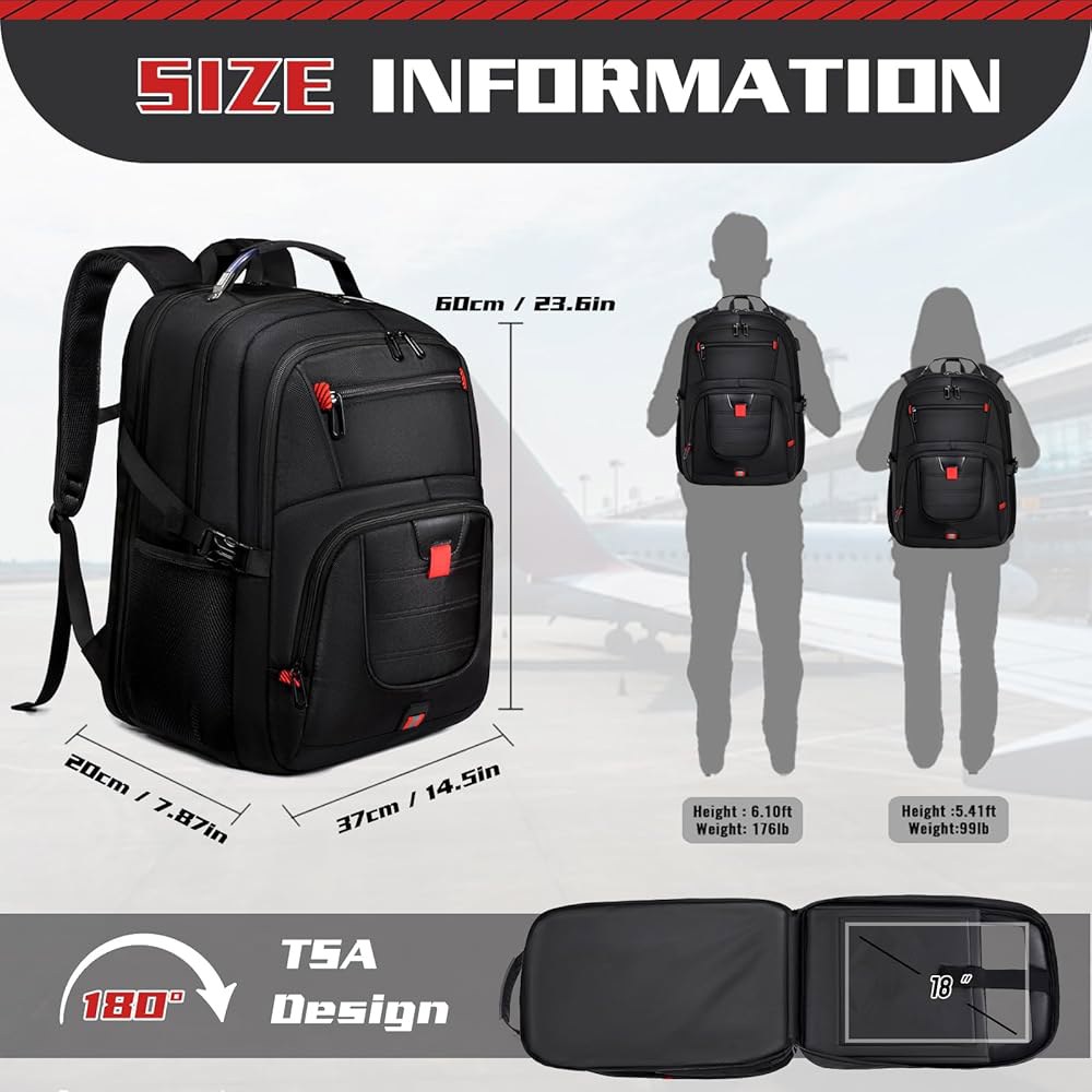 ZMMMA 초대형 55L 포트 워크 블랙 배낭, 칼리지용 승인 비즈니스 TSA USB 백팩, 헤비 가방, 남성용 포함 듀티, 노트북 충전 여행용 18인치 방지 - 상세 이미지 2