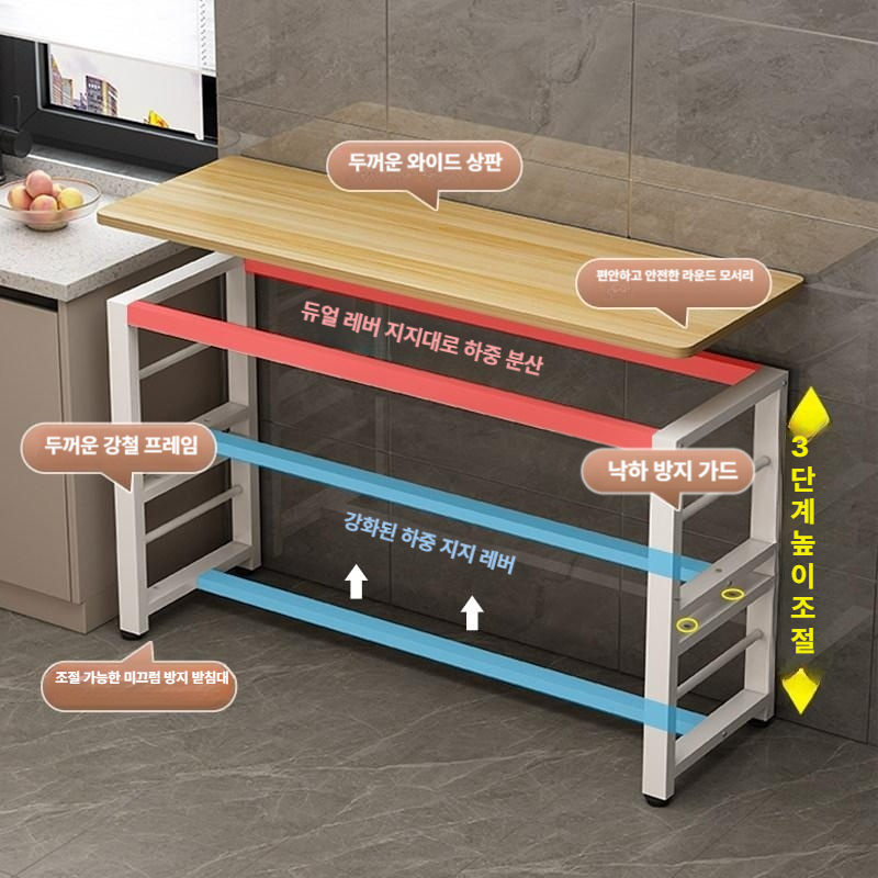 싱크대 선반 보조 원목 테이블 홈바 그릇 상판 틈새 스텐 고정형 렌지다이 확장 도마 - 상세 이미지 4
