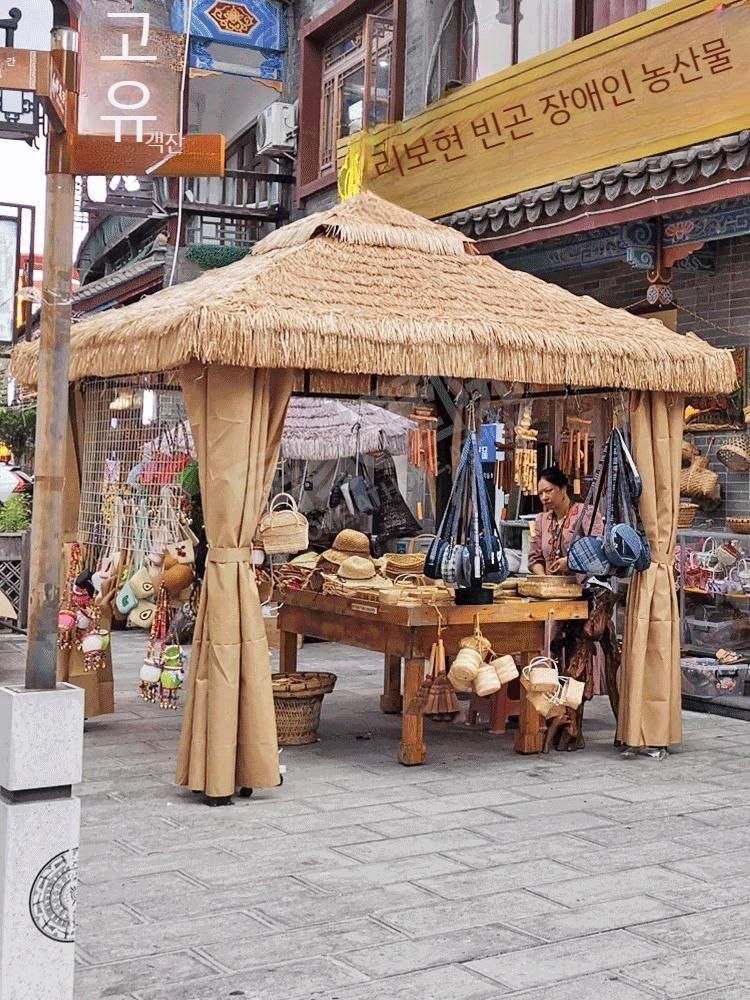 파라솔 오두막 볏짚 디자인 원목 낚시 패션 그늘막 테라스 인쇄 대형 홀딩 차양 낚시용 야외 특별 - 천 상단 4 기둥 파빌리온 - 상세 이미지 5
