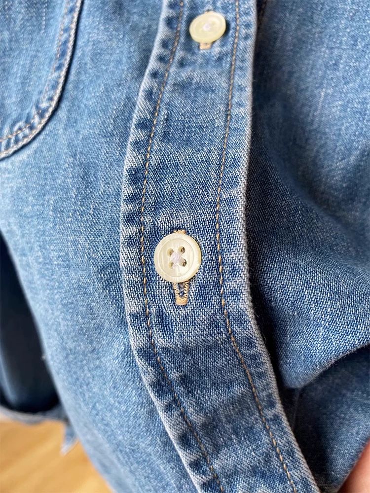 오프숄더 데님 셔츠 자켓 봄 여성 캐주얼 청남방 상의 블라우스 - 상세 이미지 4