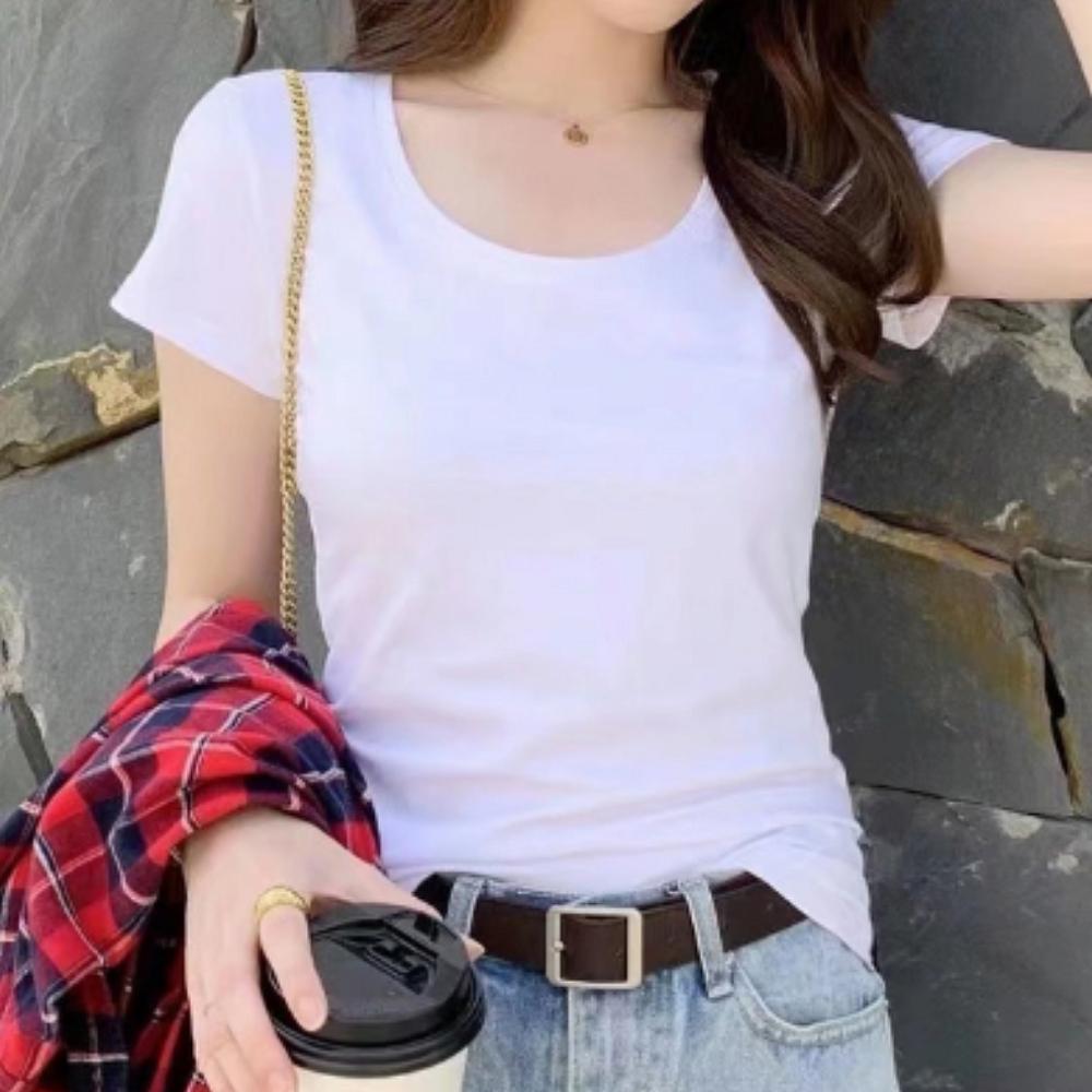 여성 여름 라운드넥 U넥 반팔 티셔츠 슬림핏 기본 무지 이너 면티 - 상세 이미지 4