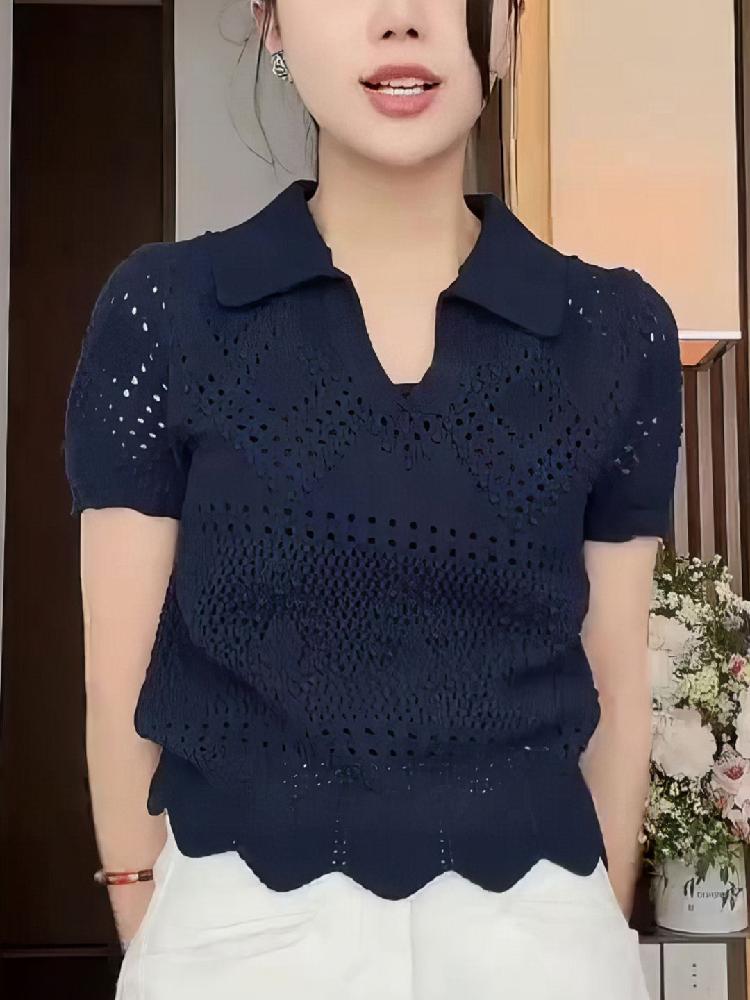 긴팔 구멍송송 루즈핏 남방 티셔츠 셔링 퍼프 중년 반팔 블라우스 시스루 여름 여성 레이스 사진 색상 S - 상세 이미지 2