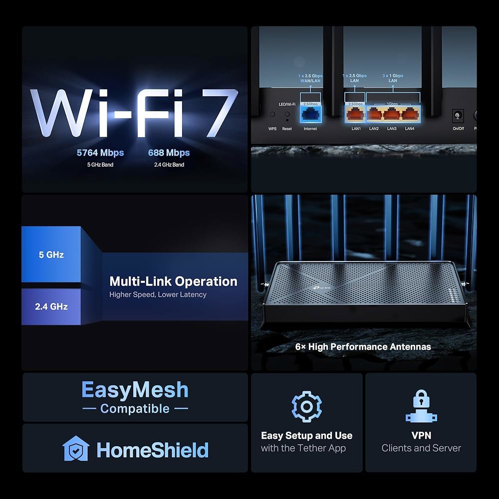 TP-Link BE6500 듀얼 밴드 WiFi 7 라우터(BE400) u2013 2.5Gbps 포트, USB 3.0, 최대 2,400평방피트, 90개 디바이스, 쿼드코어 CPU, - 상세 이미지 2