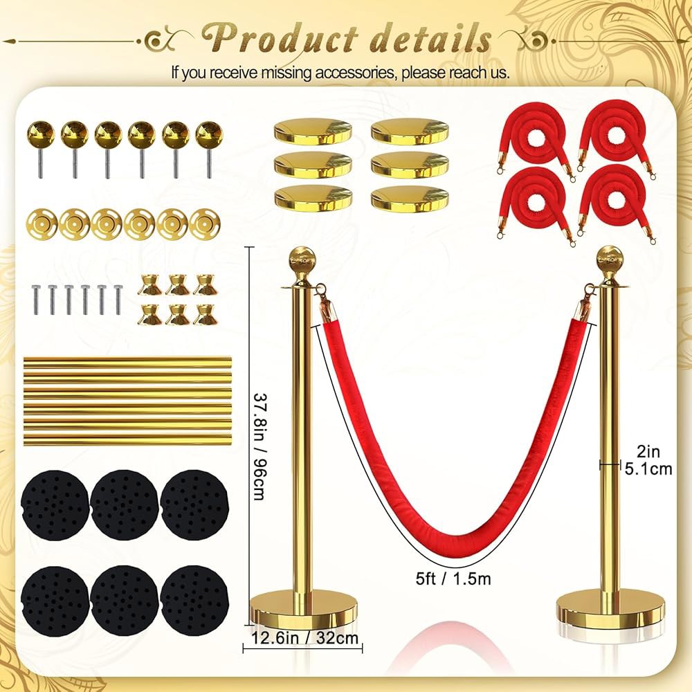 파티 용품을 위한 4PCS 5피트 레드벨벳 로프, 로프 스탠션 세트 관중 통제 장벽, 및 벨벳 레드카펫 폴이 있는 JLXMAXLJ 6PCS 골드 게시물 2 Gold - 상세 이미지 2