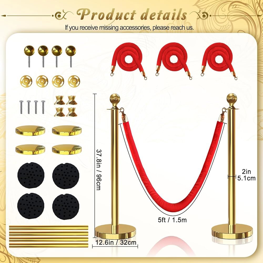 파티 용품을 위한 3PCS 5피트 레드벨벳 로프, 로프 스탠션 세트 관중 통제 장벽, 및 벨벳 레드카펫 폴이 있는 4PCS 골드 게시물 2 Gold - 상세 이미지 2
