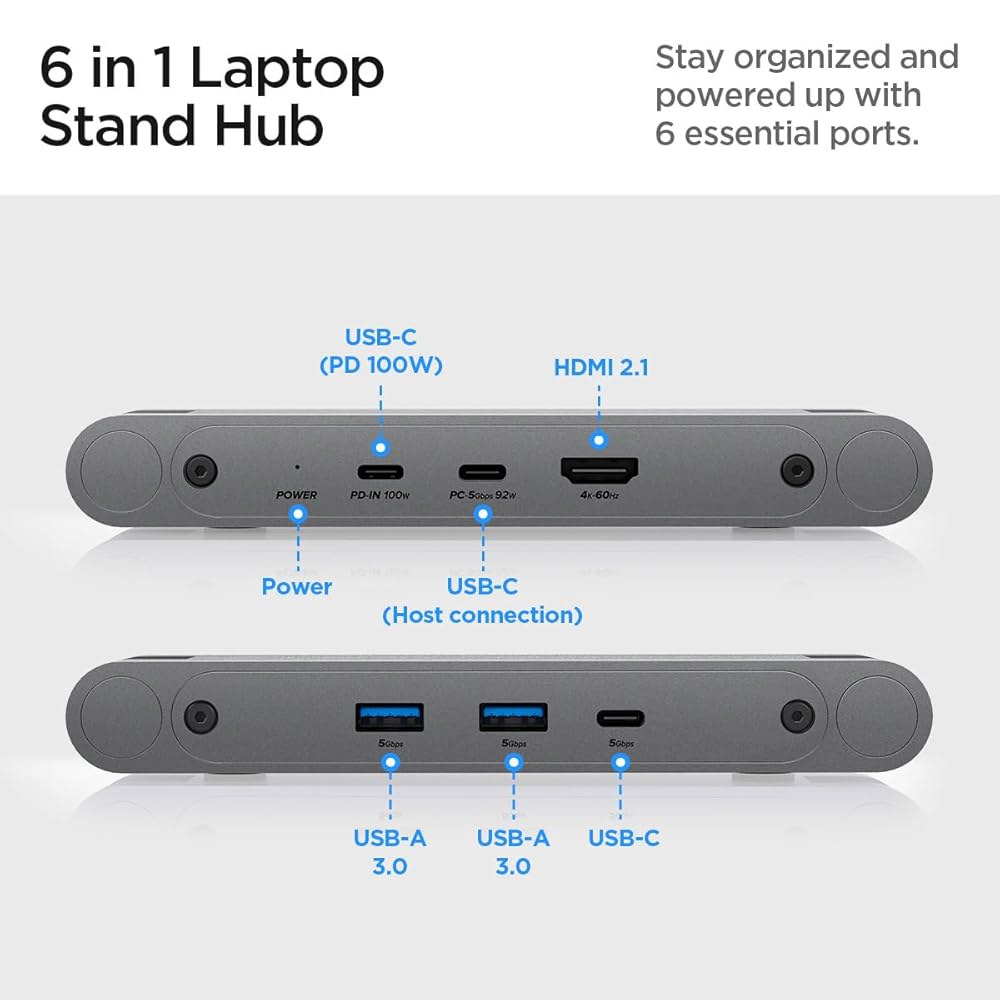 6인치 1허브 USBA - 3.0, 조절식 그레이 4K 거치대(360 스페이스 노트북 PD 범용 100W, 접이식 USBC HDMI 포함) 60Hz 회전 베이스 6in1 Hub - 상세 이미지 2