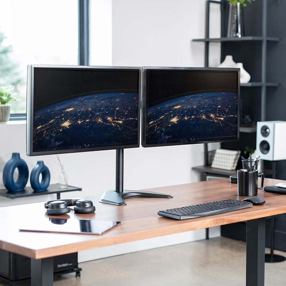 VIVO 스탠드V002F 듀얼 27인치 LCD 100x100mm 책상 가능한 모니터 LED 포함 최대 2개 VESA 독립형 화면 스탠드, 조절 팔, 헤비듀티 풀 제공 - 상세 이미지 2
