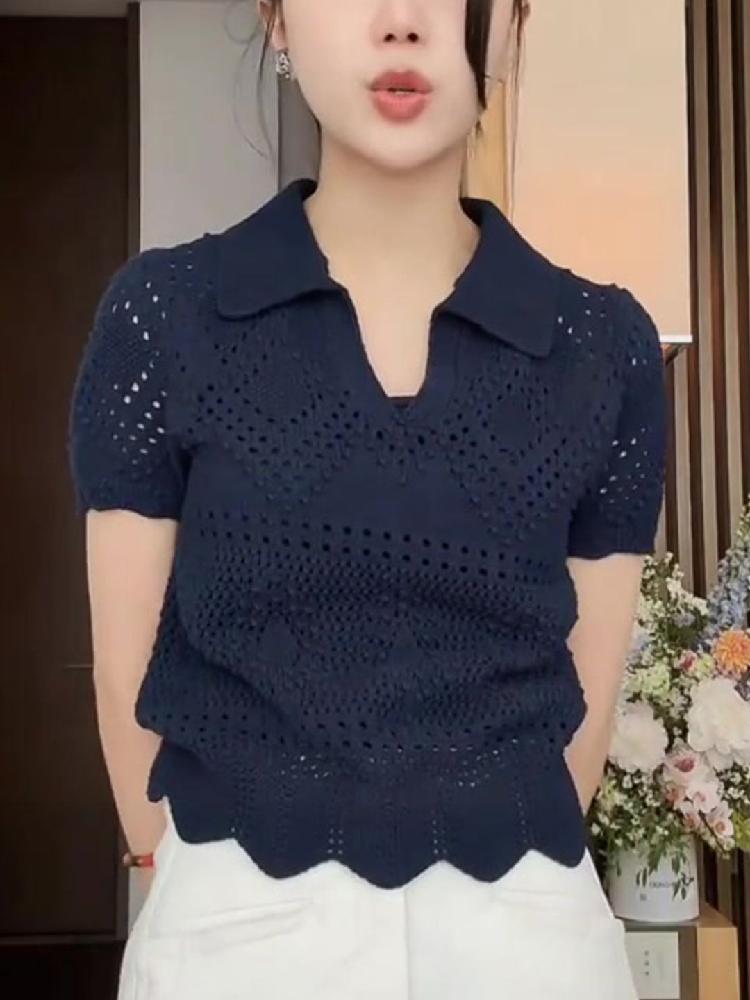긴팔 구멍송송 루즈핏 남방 티셔츠 셔링 퍼프 중년 반팔 블라우스 시스루 여름 여성 레이스 사진 색상 S - 상세 이미지 4