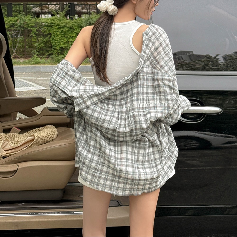 포리 오버핏 빈티지 체크 링클 셔츠 - 상세 이미지 3