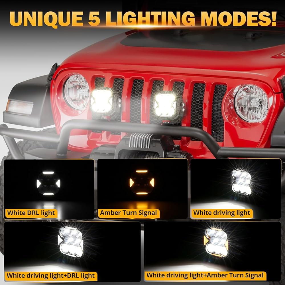 앰버 커버가 있는 Auxbeam 큐브-Z 시리즈 4인치 LED 포드 조명, DRL 턴 시그널이 112W 12800LM 플러드 스팟 콤보 오프로드 주행등, 지프 ATV UTV용 DT - 상세 이미지 3