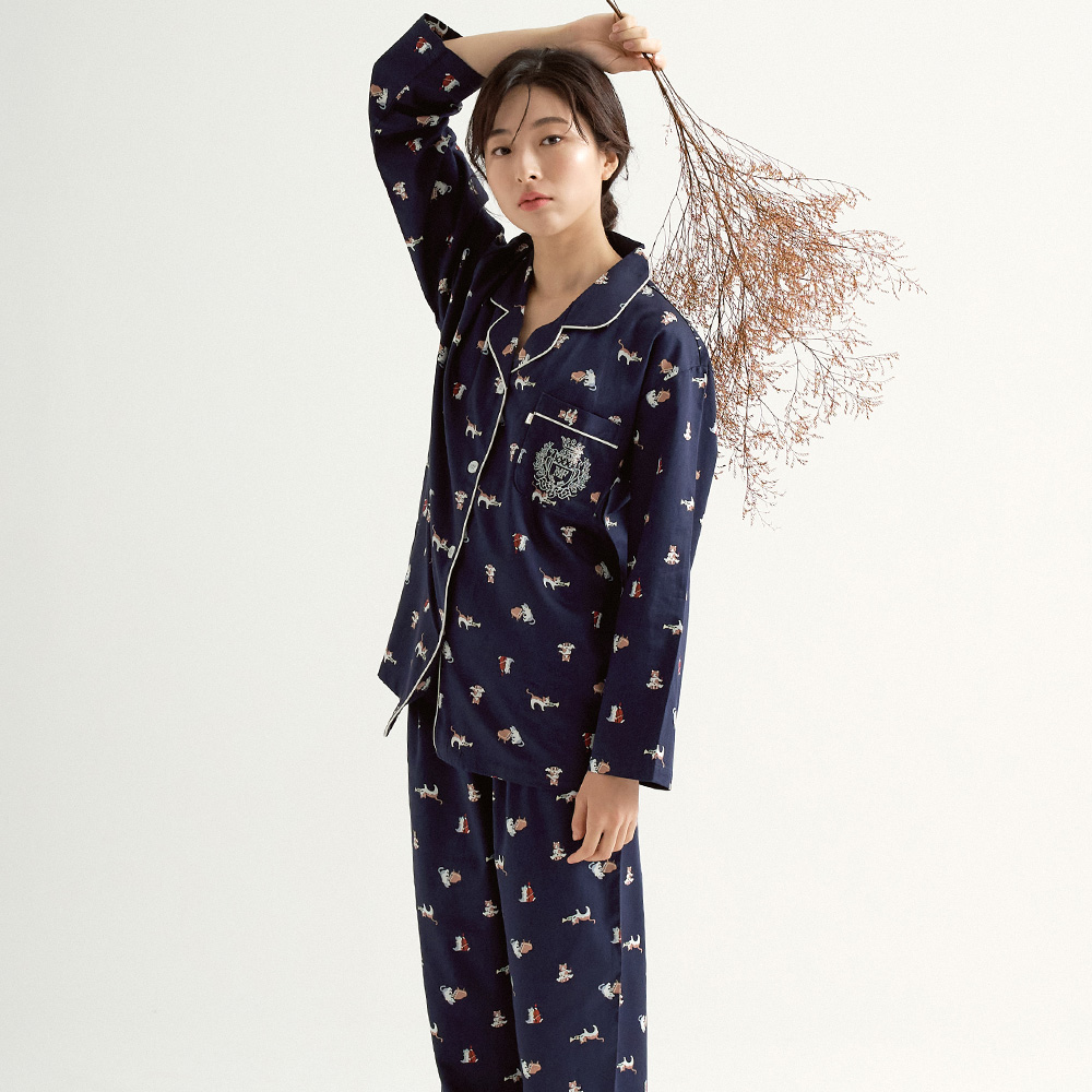 캣츠 여성 새틴 면 긴팔 잠옷 홈웨어 파자마 세트 - 상품 이미지