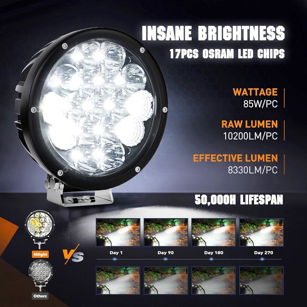 Nilight 2PCS 7인치 85W LED 드라이빙 라이트 10200LM IP68 스팟 플러드 콤보 라운드 내장 EMC 오프로드 라이트, 트럭 ATV UTV용 14AWG DT - 상세 이미지 3