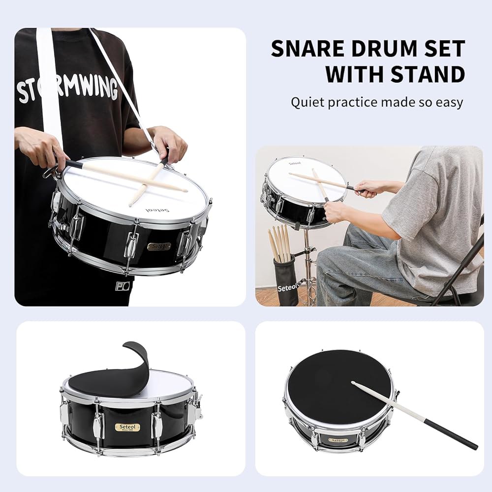 세철 스네어 드럼 키트, 14인치 x 5.5인치 마칭 + 수납 패딩 백 무음 패드 5A 스틱 한 쌍 키, 휴대용 하드웨어 세트 (블랙) Black No Stand - 상세 이미지 3