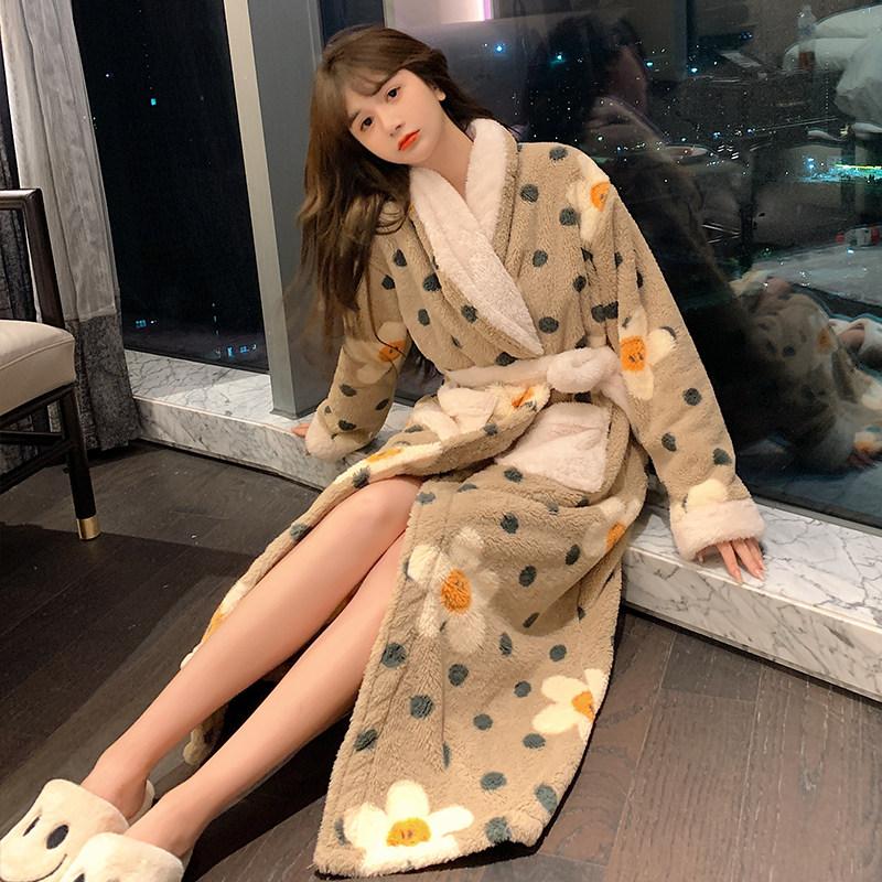 여성 극세사 샤워 가운 롱 겨울 수면 내복 아이템 따뜻한 휴대용 여행용 편안한 - 상세 이미지 4